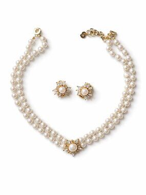 Vintage Christian Dior 1970s Pearl Crystal Double Strand Necklace